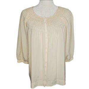 VINCE blouse cream‎ ivory smocked neck silk 3/4 sleeve top S
